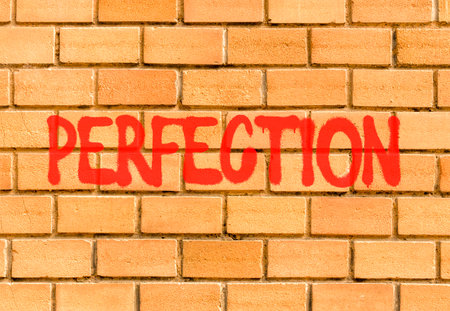 Perfection symbol. Concept word Perfection on beautiful big brown brick wall. Beautiful big brown brick wall background. Business perfection concept. Copy space.の写真素材