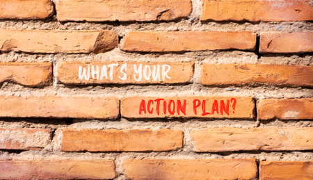 What is your action plan symbol. Concept words What is your action plan on beautiful brick wall....
