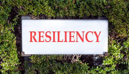 Resilience symbol. Concept word Resiliency on beautiful white marble sign plate. Beautiful green leaf background. Business resiliency concept. Copy space.の写真素材