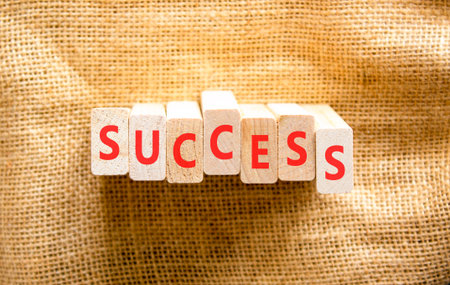 Successful success symbol. Concept word Success on beautiful wooden blocks. Beautiful canvas background. Business success or successful concept. Copy space.の写真素材