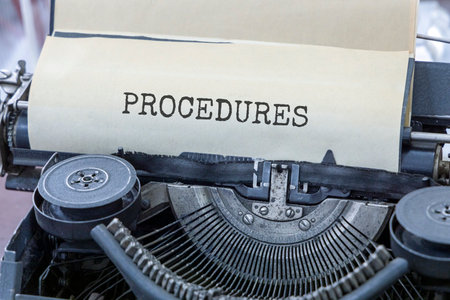 Procedures symbol. Concept word Procedures typed on beautiful old retro typewriter. Beautiful white...
