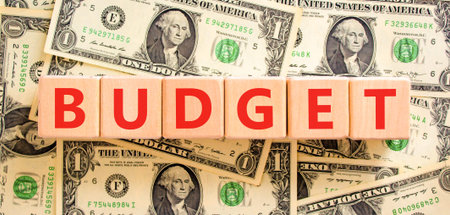 Budget symbol. Concept Budget word on beautiful wooden blocks. Beautiful dollar bills background. Beautiful dollar bills. Business budget concept. Copy space.の写真素材