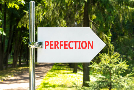 Perfection symbol. Concept word Perfection on beautiful big white road sign. Beautiful green garden...