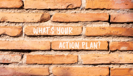 What is your action plan symbol. Concept words What is your action plan on beautiful brick wall....