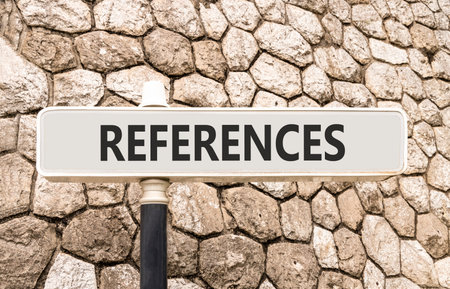 References or reference symbol. Concept word References on beautiful gray road sign. Beautiful stone...