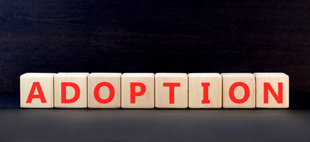 Adoption word symbol. Concept word Adoption on beautiful wooden blocks. Beautiful black background. Business psychological support help adoption word concept. Copy space.の写真素材