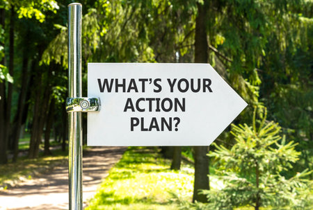 What is your action plan symbol. Concept words What is your action plan on beautiful white road...