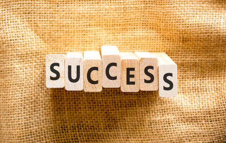 Successful success symbol. Concept word Success on beautiful wooden blocks. Beautiful canvas background. Business success or successful concept. Copy space.の写真素材