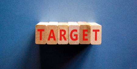 Target word symbol. Concept word Target on beautiful wooden blocks. Beautiful blue background. Business target word concept. Copy space.の写真素材