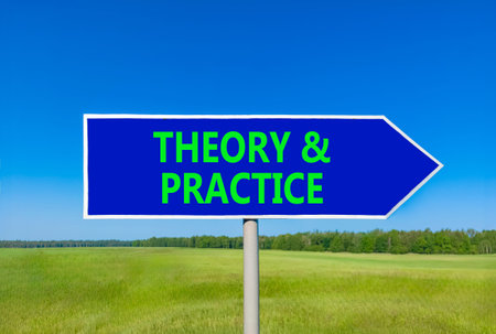 Theory and practice symbol. Concept words Theory and practice on beautiful blue road sign. Beautiful...