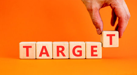 Target word symbol. Concept word Target on beautiful wooden blocks. Beautiful orange background....