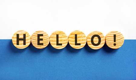 Hello welcome support and help symbol. Concept word Hello on beautiful wooden circles. Beautiful...