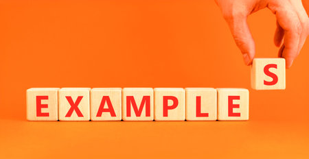 Example examples symbol. Concept word Examples on beautiful wooden blocks. Beautiful orange...