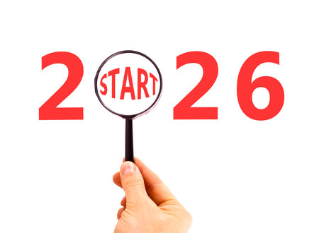2026 start symbol. Concept words 2026 start in beautiful magnifying glass. Beautiful white...