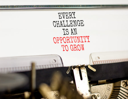 Challenge word symbol. Concept words Every challenge is an opportunity to grow typed on old retro...