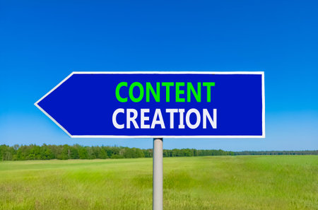 Time for content creation symbol. Concept words Content creation on beautiful blue road sign....