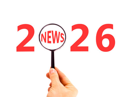 2026 news symbol. Concept words 2026 news in beautiful magnifying glass. Beautiful white background....