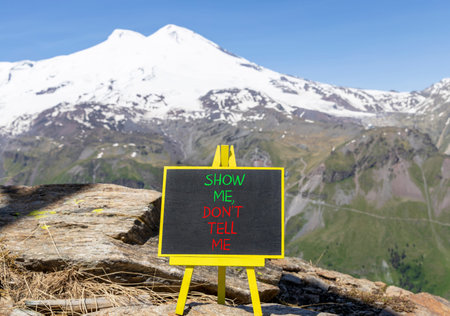 Tell or show symbol. Concept words Show me, do not tell me on beautiful black blackboard. Beautiful...