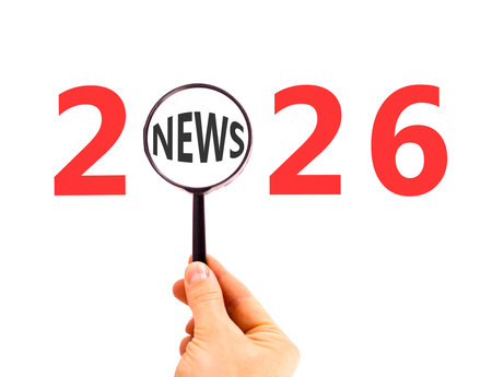 2026 news symbol. Concept words 2026 news in beautiful magnifying glass. Beautiful white background....