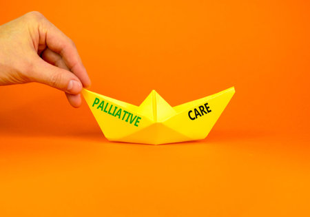 Palliative care words symbol. Concept words Palliative care on beautiful yellow paper boat....