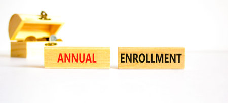 Annual enrollment words symbol. Concept words Annual enrollment on beautiful wooden blocks....
