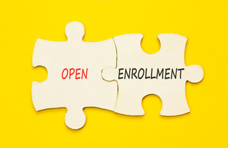 Open enrollment words symbol. Concept words Open enrollment on beautiful white puzzles. Beautiful...
