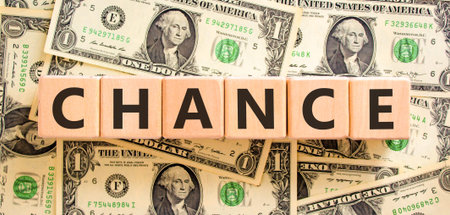 Chance symbol. Concept word Chance on beautiful wooden blocks. Beautiful dollar bills background. Beautiful dollar bills. Business chance concept. Copy space.