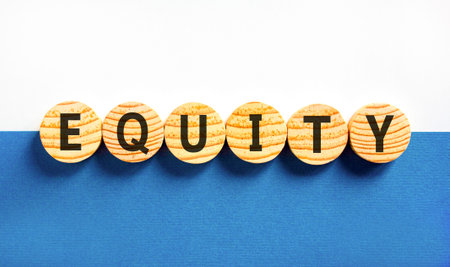 Equity support and help symbol. Concept word Equity on beautiful wooden circles. Beautiful blue and white background. Business equity support and help concept. Copy space.