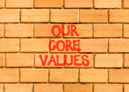 Our core values words symbol. Concept words Our core values on beautiful brick wall. Beautiful brick wall background. Business our core values motivational support concept. Copy space.