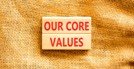 Our core values words symbol. Concept words Our core values on beautiful wooden blocks. Beautiful canvas background. Business our core values motivational support concept. Copy space.