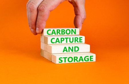 Carbon capture and storage words symbol. Concept words Carbon capture and storage on beautiful wooden blocks. Beautiful orange background. Business carbon capture and storage concept. Copy space.