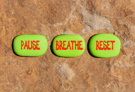 Pause breathe reset words symbol. Concept words Pause breathe reset on beautiful green stones. Beautiful stone background. Business support motivational and pause breathe reset concept. Copy space.