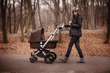  mother walking in the fall  park with brown strollerの写真素材