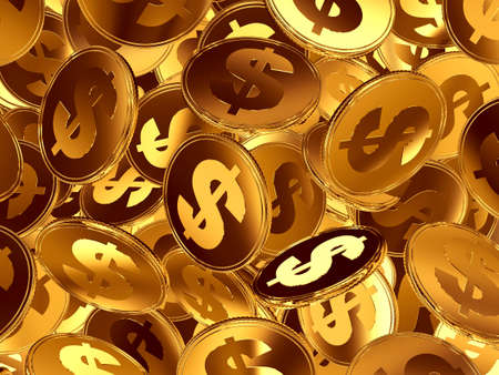 A lot of falling gold coins with the image of the dollarの写真素材