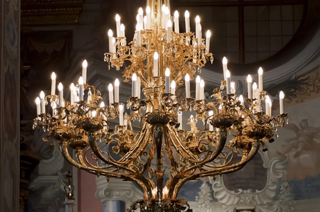 Elegant golden chandelier in Bernardine church  Lviv, Ukraine の写真素材