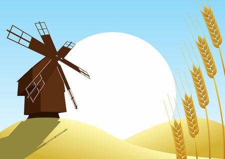 Mill on the background of the wheat fields and wheat ears, sun and blue skyのイラスト素材