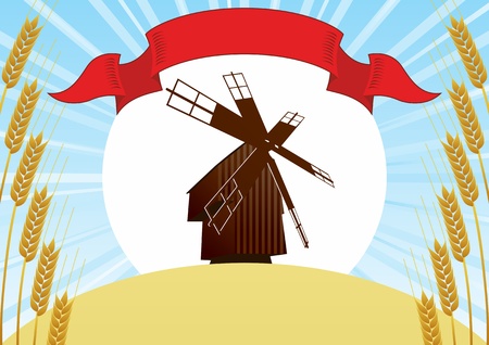 Mill on the background of the wheat fields and wheat ears, sun and blue skyのイラスト素材