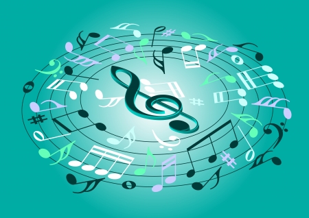 Musical notes flying on a green backgroundのイラスト素材
