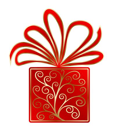 Red gift decorated with gold pattern and a beautiful bow, isolated over whiteのイラスト素材