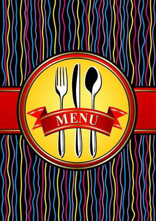 Template menu: place setting - forks, spoon and knifes against the background of wavy bandsのイラスト素材