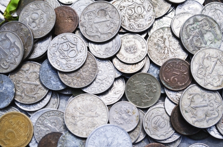 Scattering of ancient coins from different countriesの写真素材