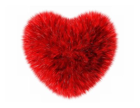 Red heart made of fur, isolated over whiteの写真素材