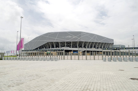 LVIV, UKRAINE - JUNE 22, 2012: Empty stadium 'Arena-Lviv'. The stadium was built for EURO 2012.のeditorial素材