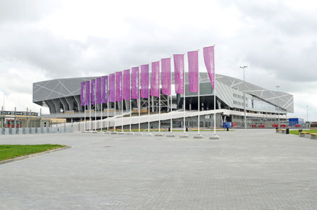 LVIV, UKRAINE - JUNE 22, 2012: Empty stadium 'Arena-Lviv'. The stadium was built for EURO 2012.のeditorial素材