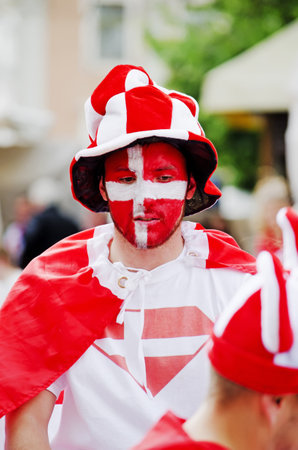 LVIV, UKRAINE - JUNE 13, 2012: Denmark football fans in the center of the Lvov city, before the match Denmark- Portugal.のeditorial素材