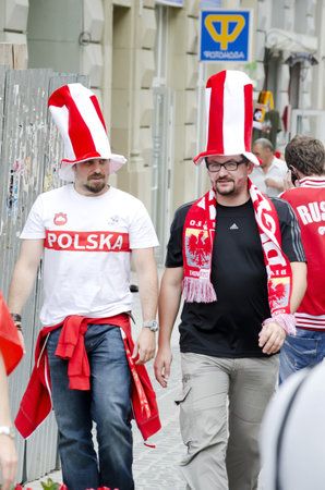 LVIV, UKRAINE - JUNE 13:  Poland football fans in the center of the Lvov city, before the match Denmark- Portugal on June 13, 2012 in Lviv, Ukraine.のeditorial素材