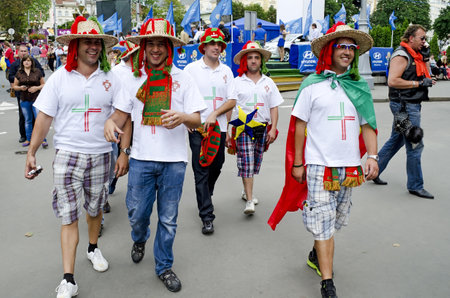 LVIV, UKRAINE - JUNE 13:  Portugal football fans in the center of the Lvov city, before the match Denmark- Portugal on June 13, 2012 in Lviv, Ukraine.のeditorial素材