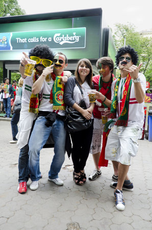 LVIV, UKRAINE - JUNE 13:  Portugal football fans in the center of the Lvov city, before the match Denmark- Portugal on June 13, 2012 in Lviv, Ukraine.のeditorial素材