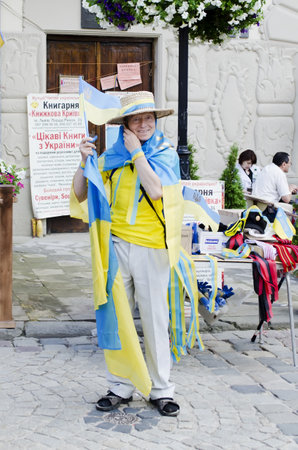 LVIV, UKRAINE - JUNE 13:  Ukraine football fans in the center of the Lvov city, before the match Denmark- Portugal on June 13, 2012 in Lviv, Ukraine.のeditorial素材