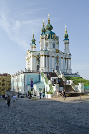 KIEV, UKRAINE - SEPTEMBER 02: Completed restoration of St. Andrew's church on Andrew Descent on September 02, 2012 in Kiev, Ukraine. のeditorial素材